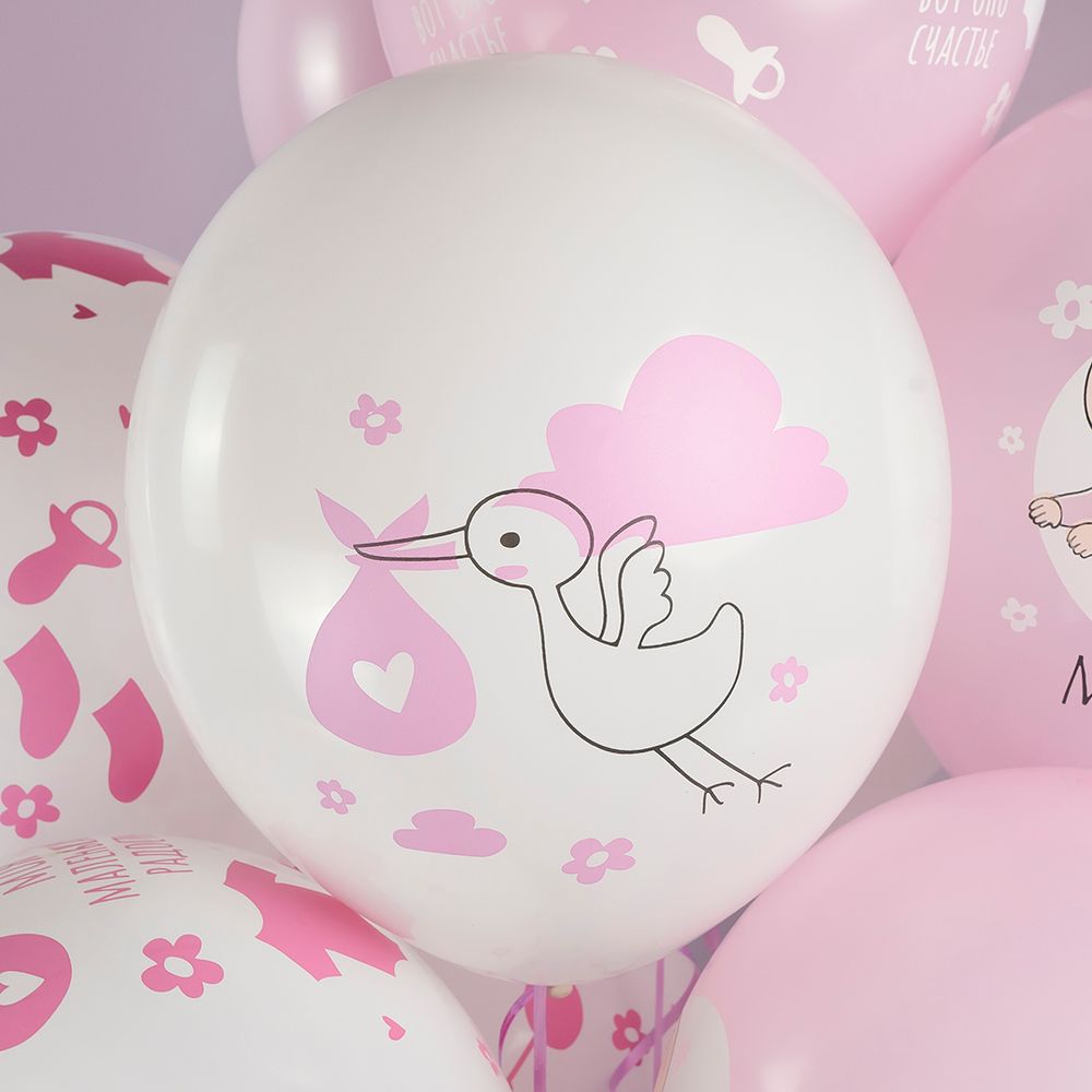 Шар (12''/30 см) Ура, Девочка!, Белый (200)/Розовый (433), пастель, 5 ст, 25 шт.