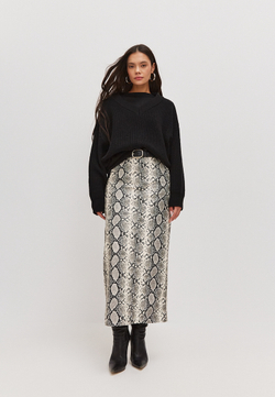 Юбка миди из экокожи в змеином принте черно-белая