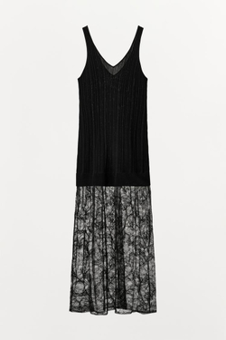 ZARA ТРИКОТАЖНОЕ ПЛАТЬЕ С КРУЖЕВОМ, ЧЕРНЫЙ