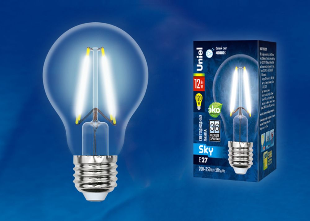 LED-A60-12W/4000K/E27/CL PLS02WH Лампа светодиодная. Форма A, прозрачная. Серия Sky. Белый свет (4000K). Картон. ТМ Uniel.