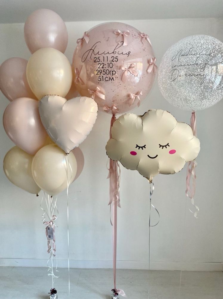 Воздушные шары на выписку из роддома облако/снег/бантики №4379