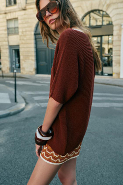ZARA ТРИКОТАЖНЫЙ ТОП АСИММЕТРИЧНОГО КРОЯ, ТЕМНЫЙ ЧЕРЕПИЧНЫЙ