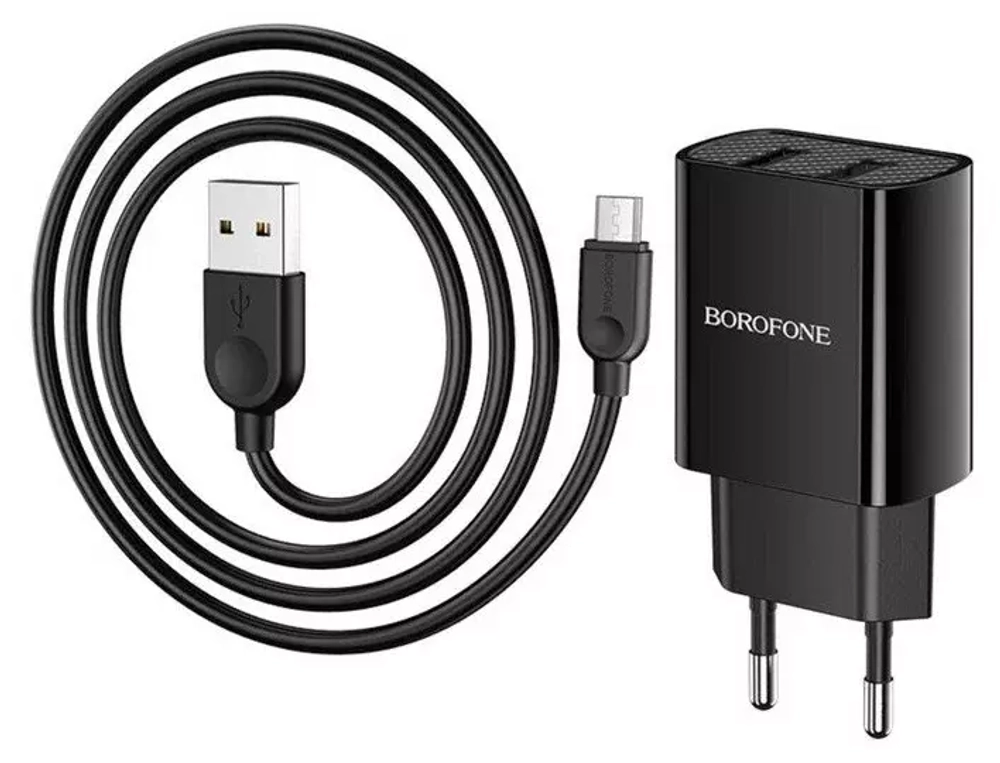 Зарядное сетевое с кабелем MicroUSB 2.1A 2-USB BOROFONE BA53A Черный