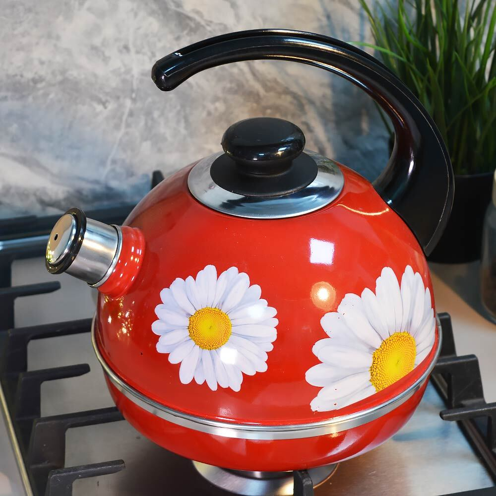 Чайник 3,5л со свистком, консольная ручка, бордо "Ромашки"