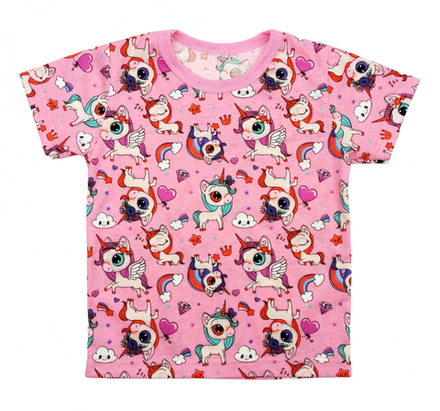 Футболка для девочки 411/121 розовая, единороги, радуга