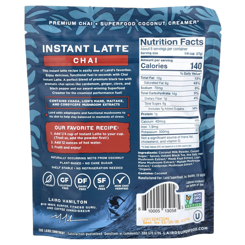 Laird Superfood, Растворимый латте, чай + сливки + адаптогены, чай, 227 г (8 унций)