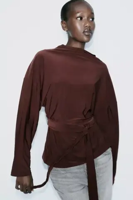 ZARA ТОП С ДРАПИРОВКОЙ И ПОЯСОМ, ГРАНАТОВЫЙ