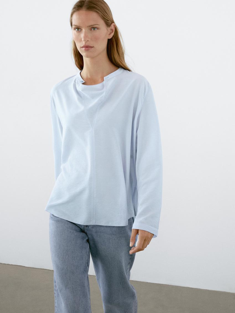 Massimo Dutti Блуза с длинными рукавами и воротником, синий