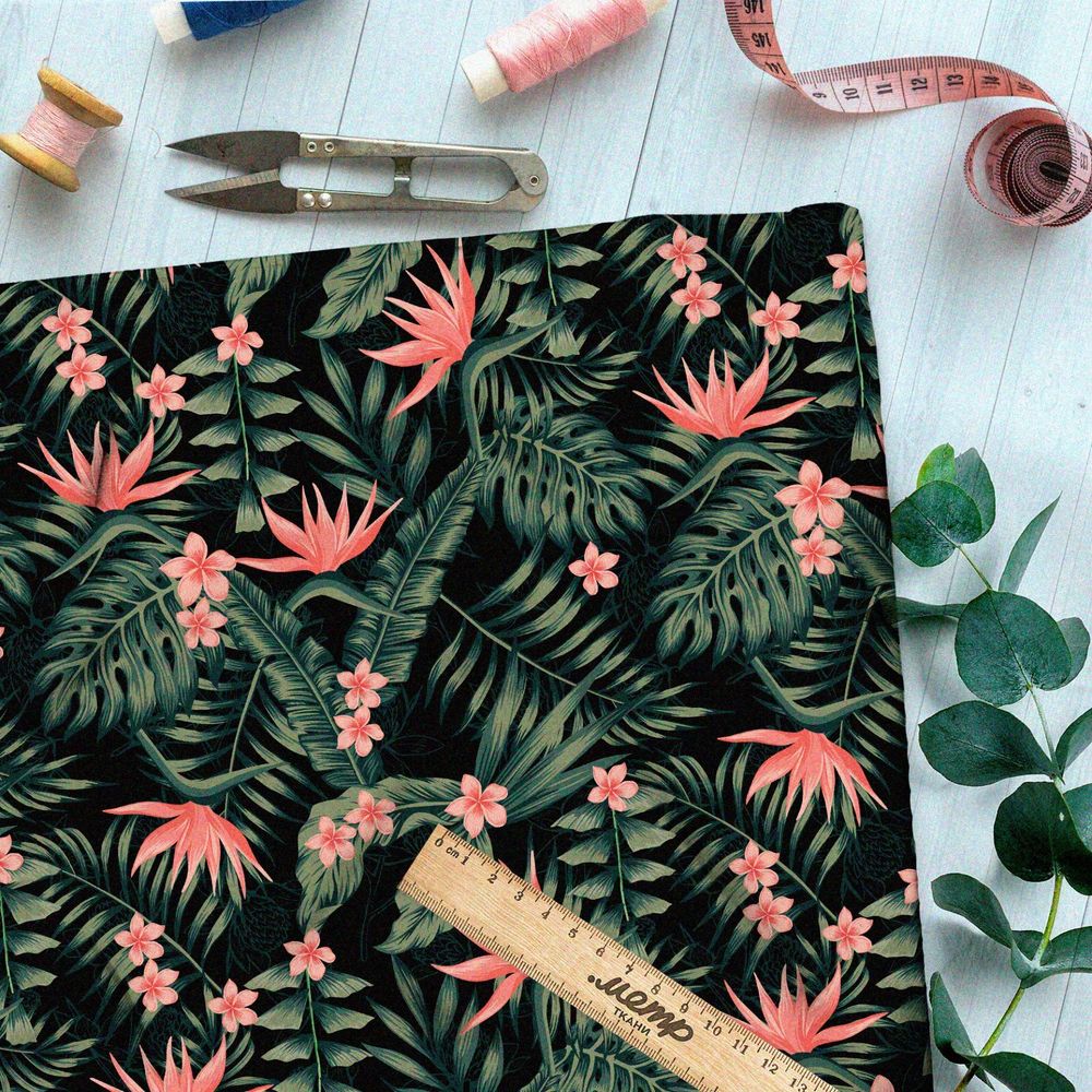 Ткань оксфорд 210 экзотические розовые цветы и папоротник