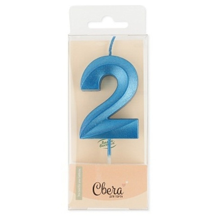 Свеча Цифра 2 Грани Синий Металлик 4,2*6 + 4,5 см.