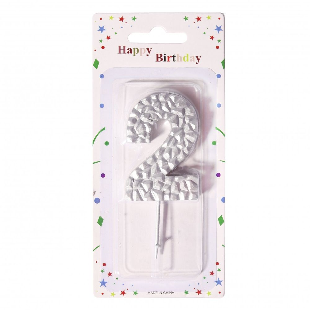 Свеча для торта Alingar, 5-6 см, на пике, "Цифра 2", цвет серебро, блистер с европодвесом