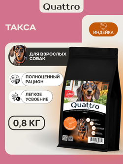 Корм сухой для взрослых собак породы Такса (стандартная), с индейкой, 800 гр, QUATTRO