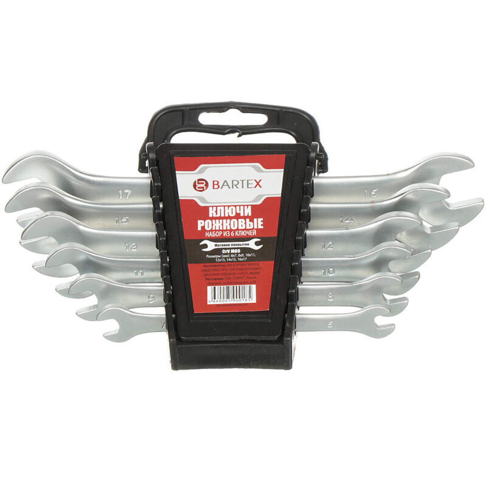 Набор ключей рожковый, М60, 6 пр, Bartex, 6-17 мм, матовый, CrV сталь, М60, шт