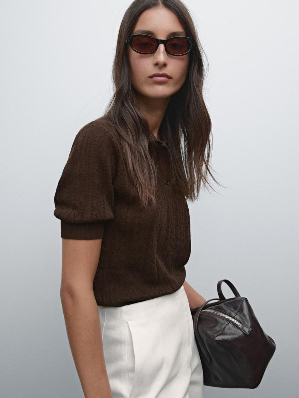 Massimo Dutti Свитер из смесового хлопка с ажурными узорами, шоколадный