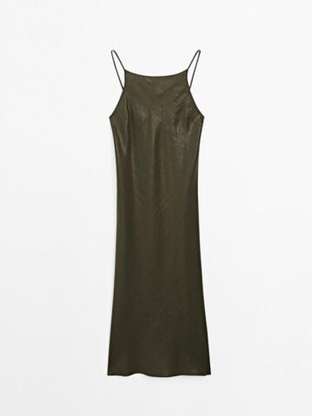 Massimo Dutti Платье из атласа с горловиной халтер, зеленый