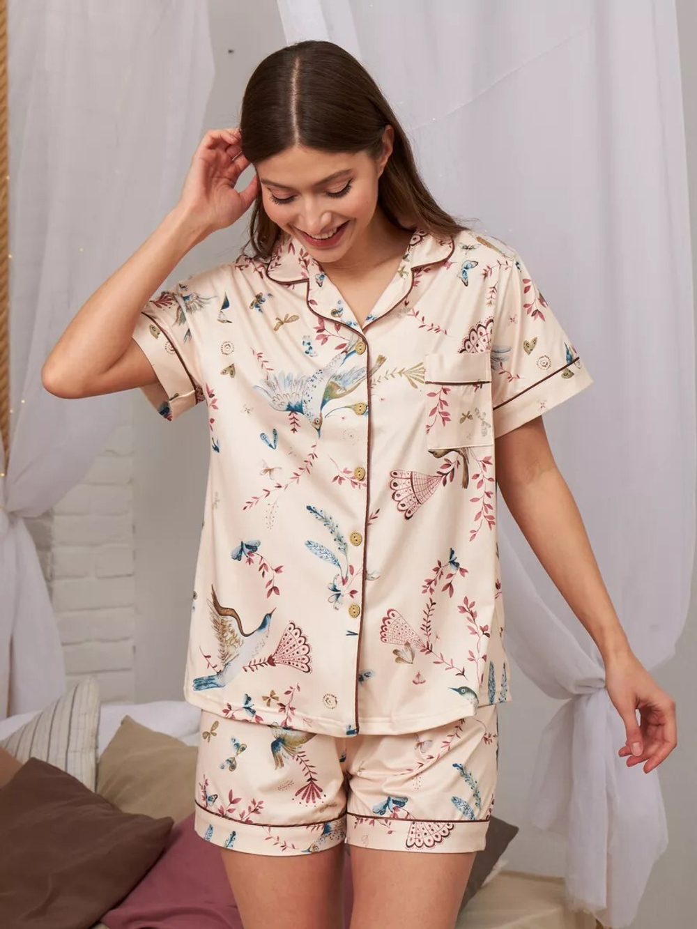 [m]Пижама жен. б/в шорты+рубашка к/р В2322