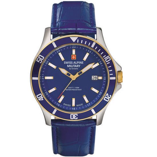 С ремешком Мужские наручные часы с синим кожаным ремешком  Swiss Alpine Military 7022.1545 mens 42mm 10ATM