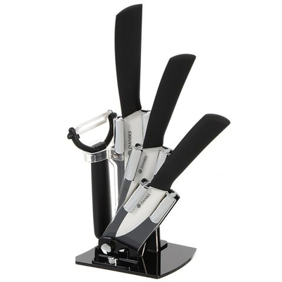 Набор ножей 5 пр, 12.5;10;7.5 см, овощечист, керамика, рук пласт, с подст, акрил, Daniks, Бремен, JA