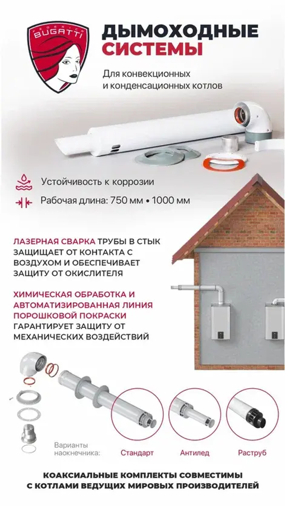 Комплект коаксиального дымохода D60/100 L750 Federica Bugatti с антиобледенителем