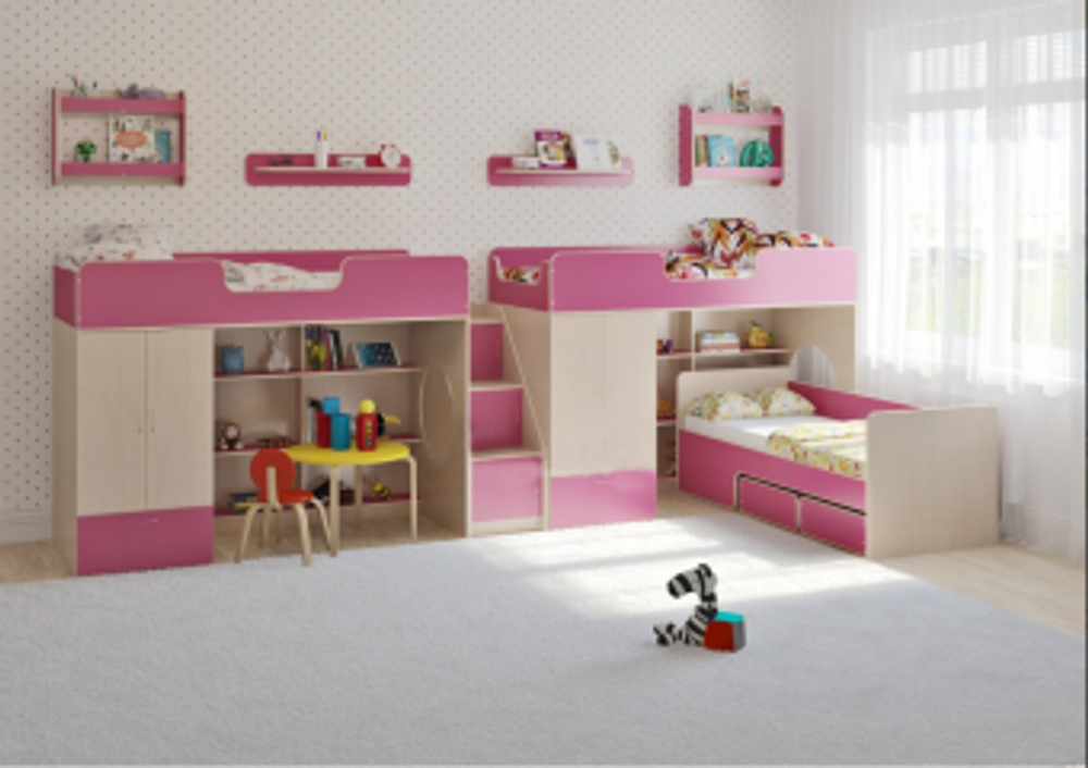 Трехъярусная кровать КарИВи Легенда 3.15  Дуб Молочный Розовый