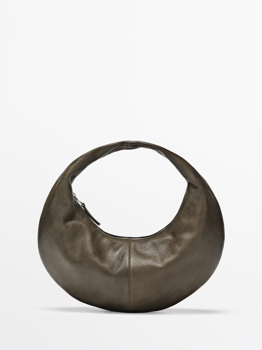 Massimo Dutti Средняя сумка-полумесяц из кожи наппа, хаки