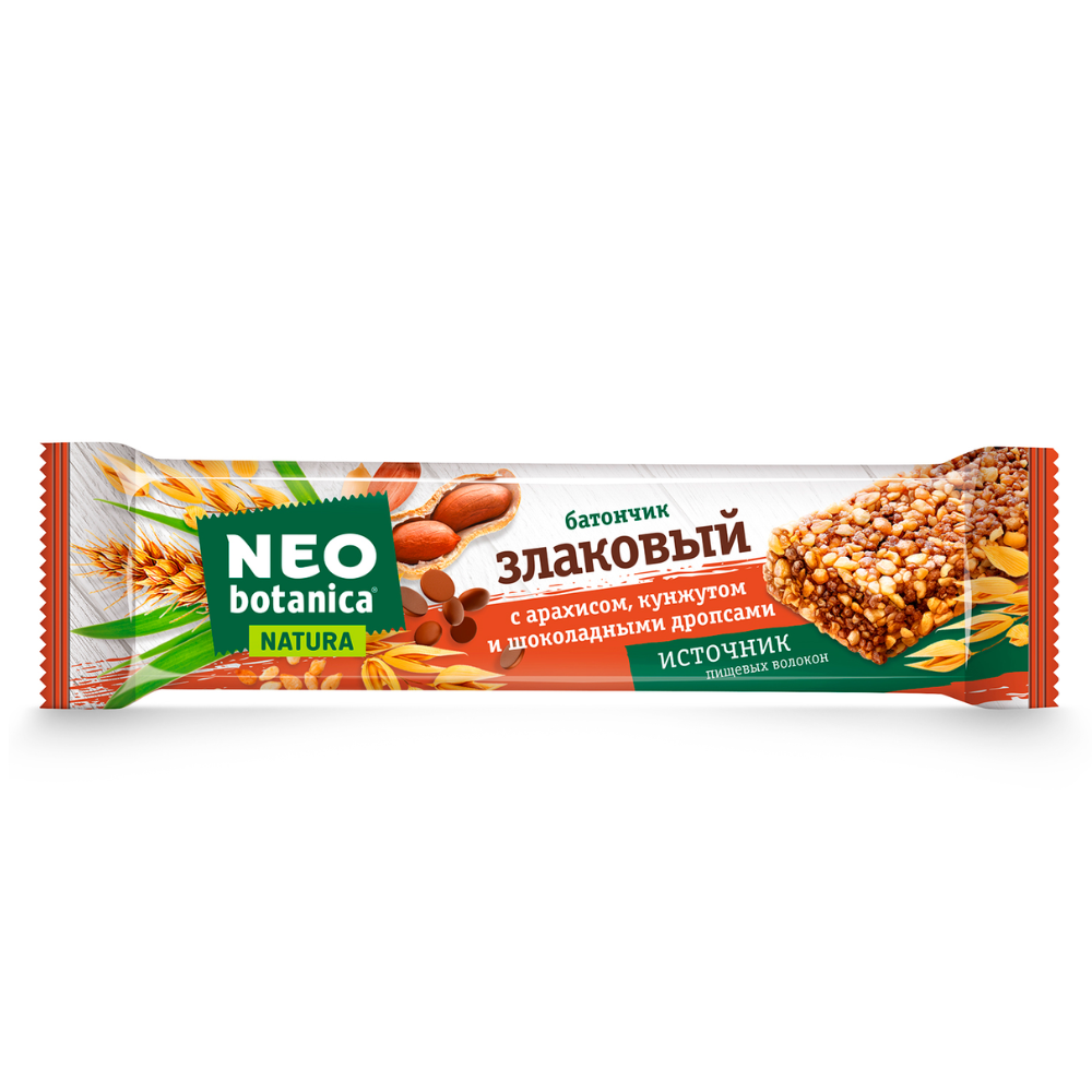 Батончик злаковый Neo Botanica с арахисом,кунжутом и шоколадными дропсами  29 гр