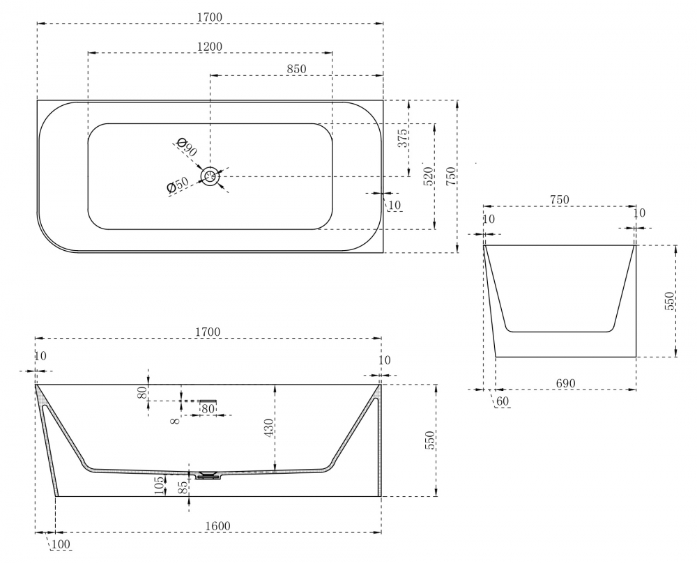 Ванна из искусственного камня ABBER Stein AS9621-1.7 R белая матовая  170x75 см