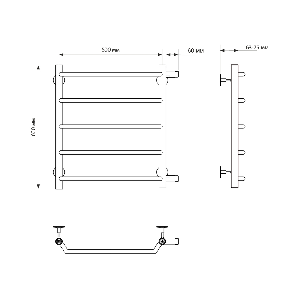 Полотенцесушитель MIXLINE MIRA  60х50х50 (1'' НР, 5 перекладин, боковое подкл) водяной