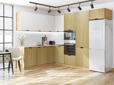 Угловая модульная кухня Евро Лайн-03 Белый/Дуб песочный - Дуб Вотан 2140*2150/2800*600