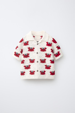 ZARA РУБАШКА С КРАБАМИ ИЗ КРУЖЕВА КРОШЕ, БЕЛЫЙ/КРАСНЫЙ