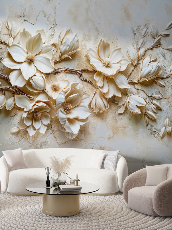 3D Фотообои объемные цветы магнолии бежевые
