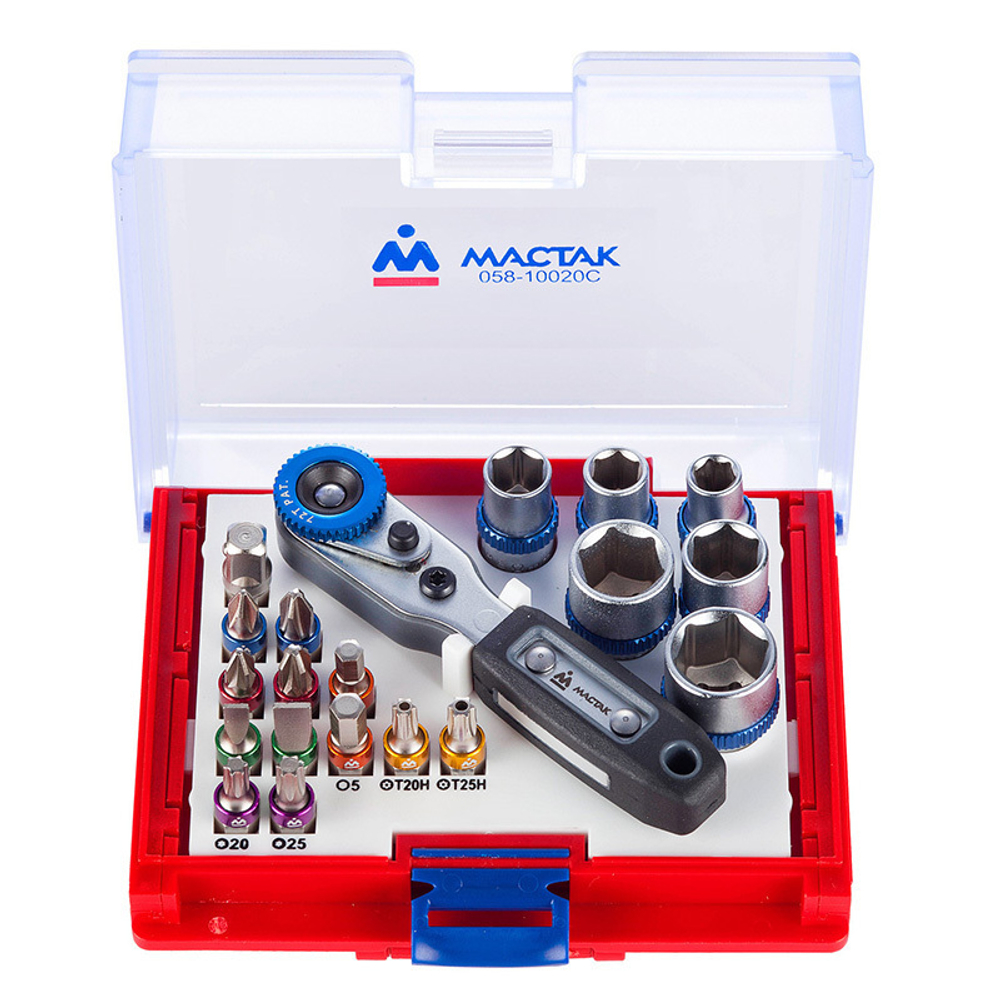 МАСТАК (058-10020C) Набор вставок (бит) 1/4", TORX, HEX, Pozidriv, Phillips, Slotted, 20 предметов