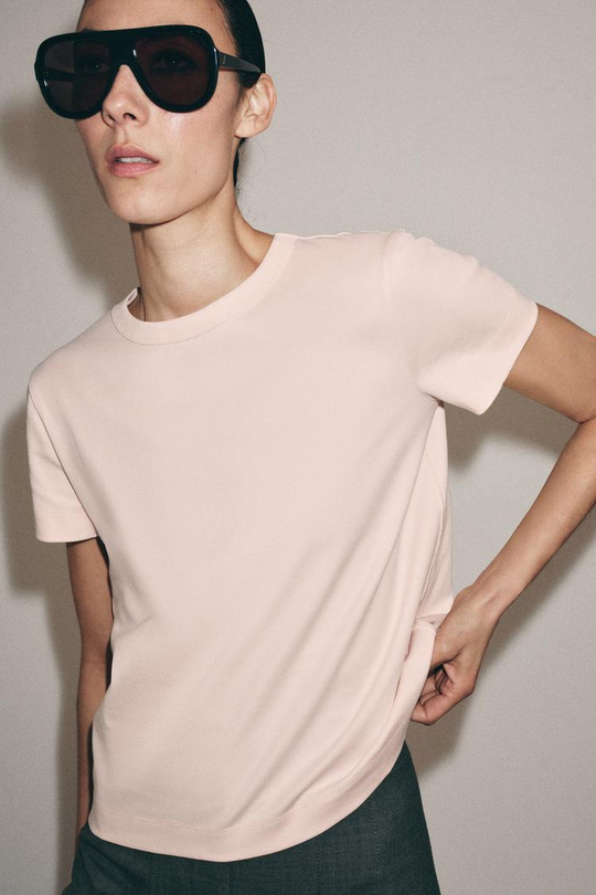 ZARA ФУТБОЛКА INTERLOCK С КОРОТКИМ РУКАВОМ, ПАСТЕЛЬНО-РОЗОВЫЙ