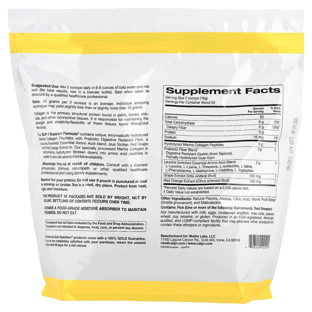 California Gold Nutrition, добавка для поддержания уровня ГПП-1 с пептидами гидролизованного морского коллагена, смесью пребиотической клетковины, устойчивой к расщеплению, и смесью незаменимых аминокислот, обогащённой лейцином, со вкусом арбуза и юдзу, 1 кг (2,2 фунта)