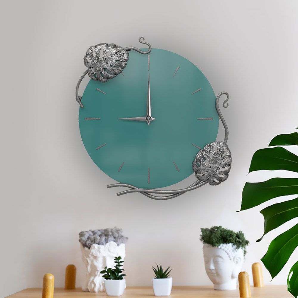 Часы настенные Monstera Deliciosa (Монстера) Колор Пастельно-синий Сильвер