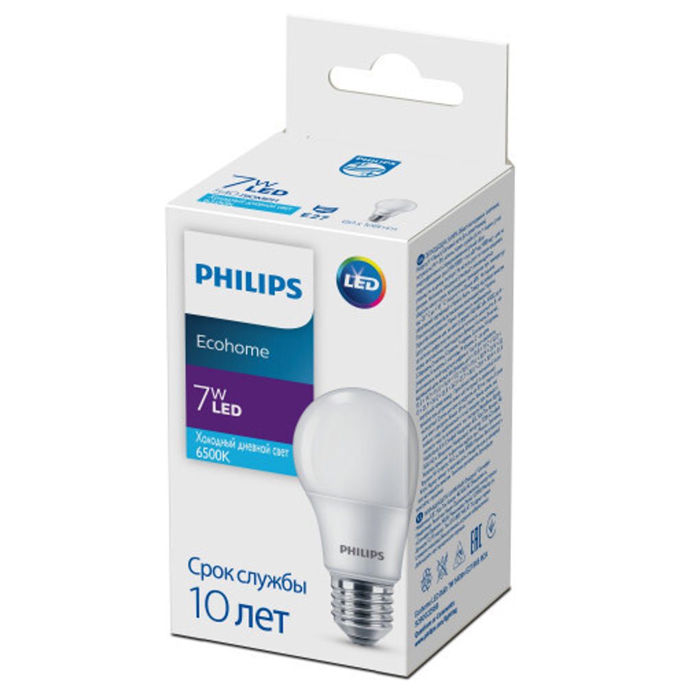 Лампочка светодиодная Philips Ecohome LED A60 7Вт 6500К Е27/E27 груша матовая, холодный дневной свет | Philips