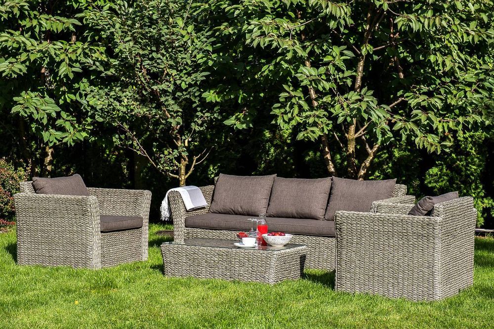 "Капучино" диван из искусственного ротанга (гиацинт) трехместный с подушками, цвет серый