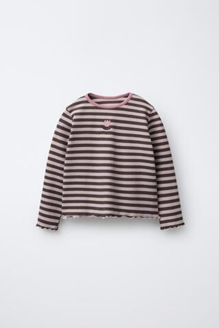ZARA ЛОНГСЛИВ В ПОЛОСКУ С БЛЕСТЯЩИМ ПРИНТОМ И ВЫШИВКОЙ, МЯГКИЙ РОЗОВЫЙ
