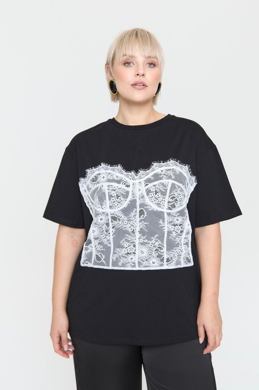 Футболка с корсетом из кружева, черный