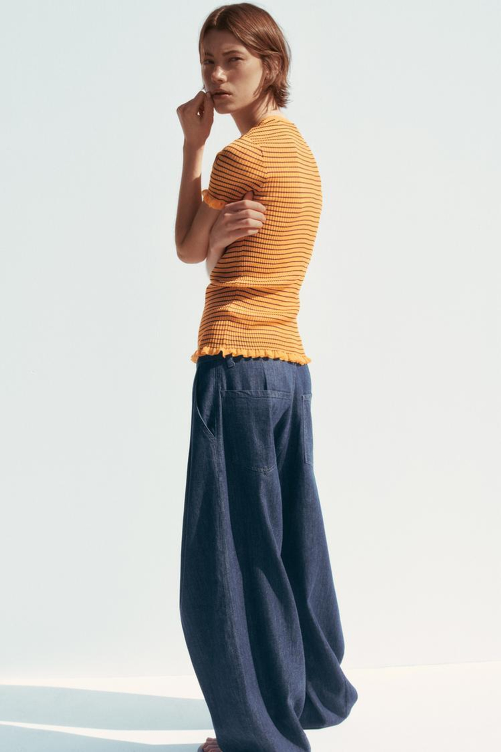 ZARA ТОП ИЗ ТРИКОТАЖА В РУБЧИК В ПОЛОСКУ, ОРАНЖЕВЫЙ