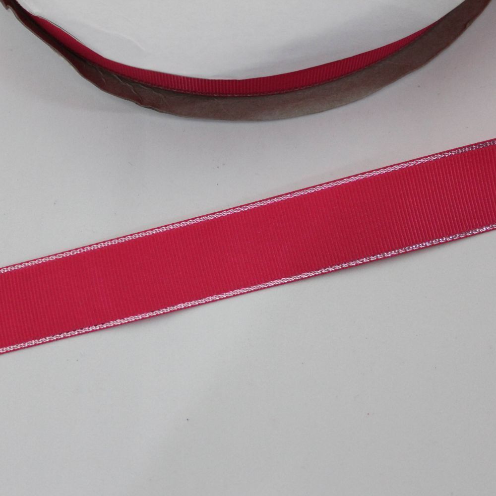 Лента репсовая однотонная с металл. кромкой(серебро) 25 мм, длина 25 ярдов, цвет: 175 ярко-розовый