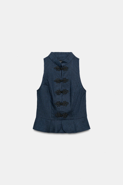 ZARA ТОП С БАСКОЙ И ЗАСТЕЖКАМИ ИЗ ЛЬНА, ИНДИГО