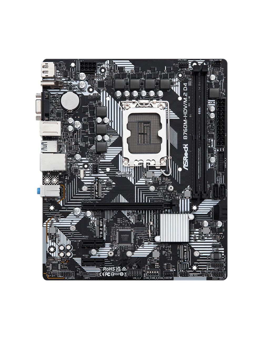 Материнская плата ASROCK B760M-HDV/M.2 D4, LGA1700, B760, 2*DDR4, 4*SATA, 2*M.2, 3*USB 3.2, 2*USB 2.0, Type-C, 1*PCIx16, 2*PCIx1, 1xM.2 (Key E), HDMI+DP, mATX