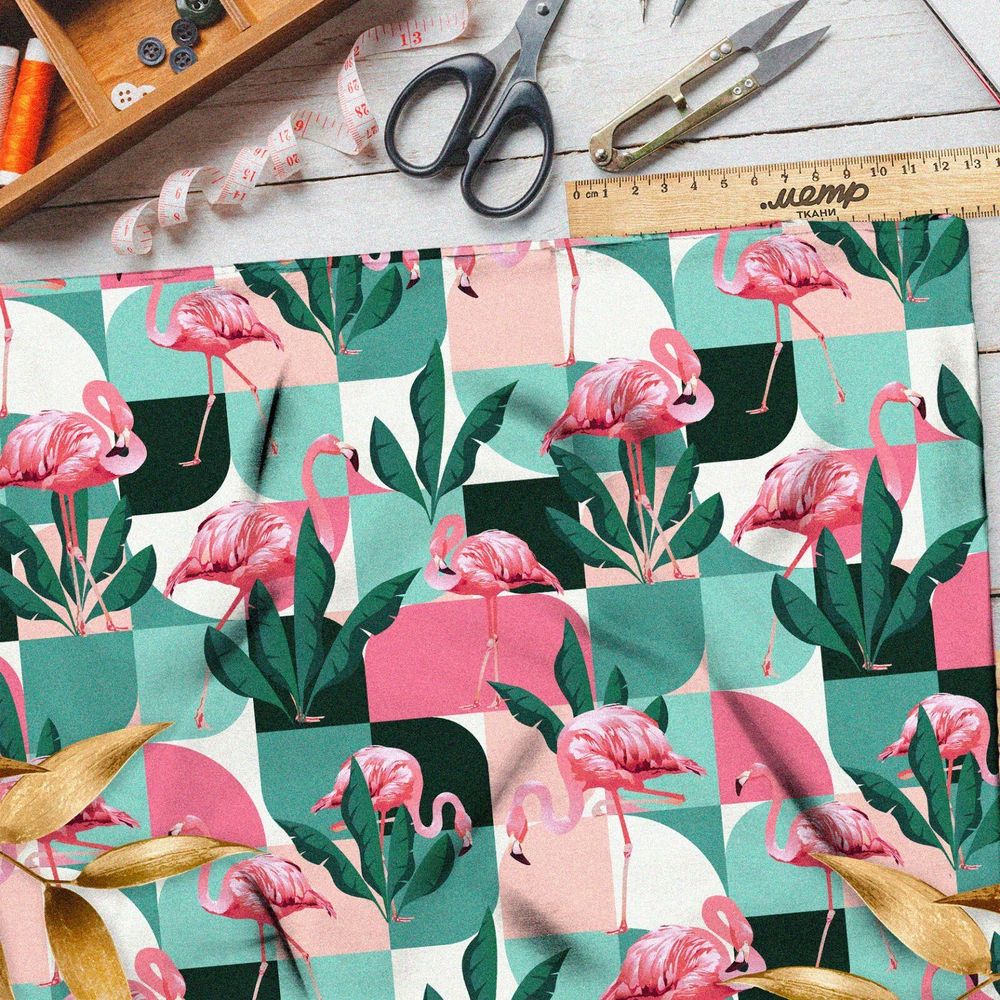 Ткань атлас фламинго в квадратах