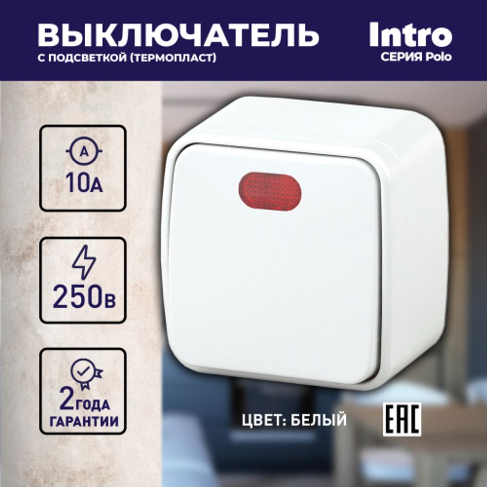 3-102-01 Intro Выключатель с подсветкой, 10А-250В, IP20, ОУ, Polo, белый