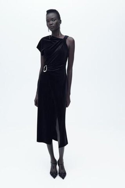 ZARA БАРХАТНОЕ ПЛАТЬЕ МИДИ, ЧЕРНЫЙ