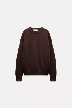 ZARA ОДНОТОННЫЙ СВИТЕР ИЗ 100% КАШЕМИРА, ШОКОЛАДНЫЙ
