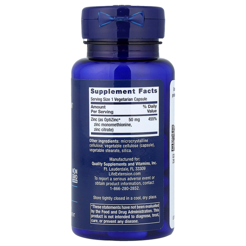 Life Extension, цинк в капсулах, высокая эффективность, 50 мг, 90 вегетарианских капсул