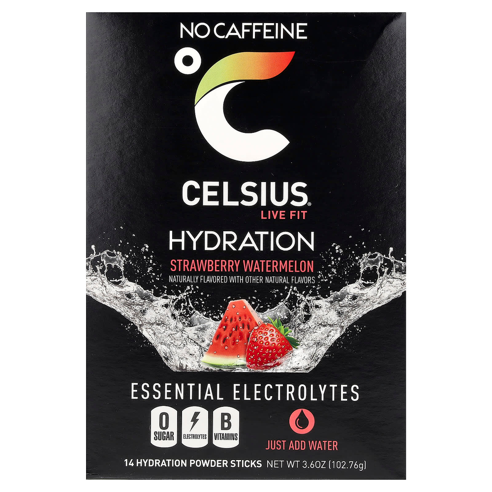 Celsius, Live Fit, увлажнение, незаменимые электролиты, без кофеина, клубника и арбуз, 14 порошковых стиков для увлажнения, по 7,28 г (0,26 унции)