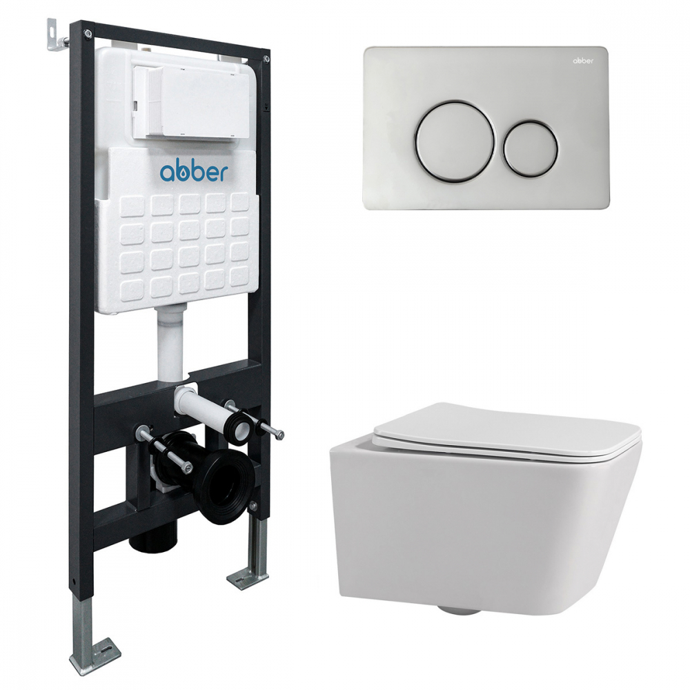 Комплект подвесной унитаз ABBER Rechteck AC1201 белый с инсталляцией AC0105 и кнопкой AC0121 хром